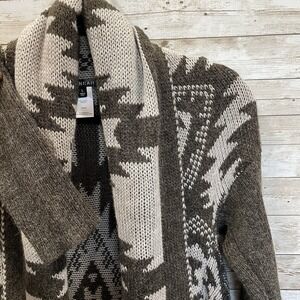 Hannah Womens L Sweater Open Cardigan‎ Gray Southwestern Aztec Scarf Collar